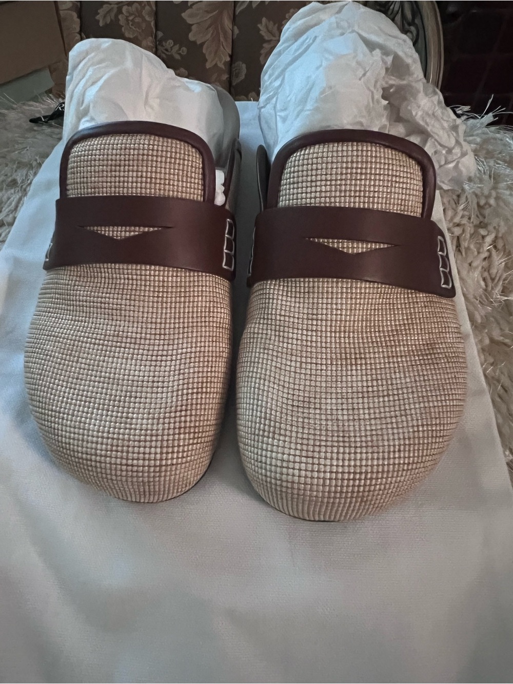 JW ANDERSON Beige Textured Mules with Brown Leather Strap